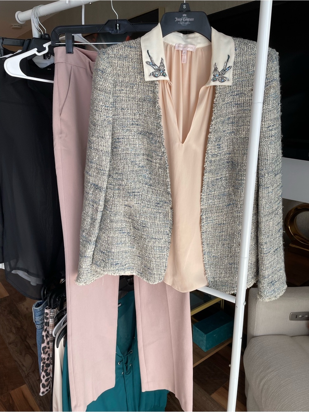 Rebecca Taylor Textured Open-Front Tweed Jacket in Light Gray and Navy - Picture 8 of 12